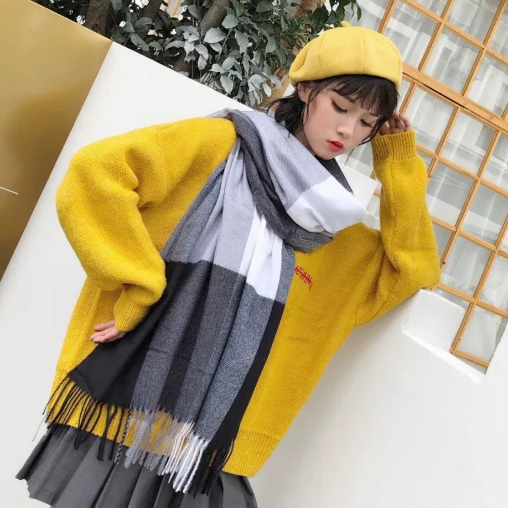Cashmere Blend Plaid Blanket Scarf Big Oversized Long Scarf Wrap Black & White